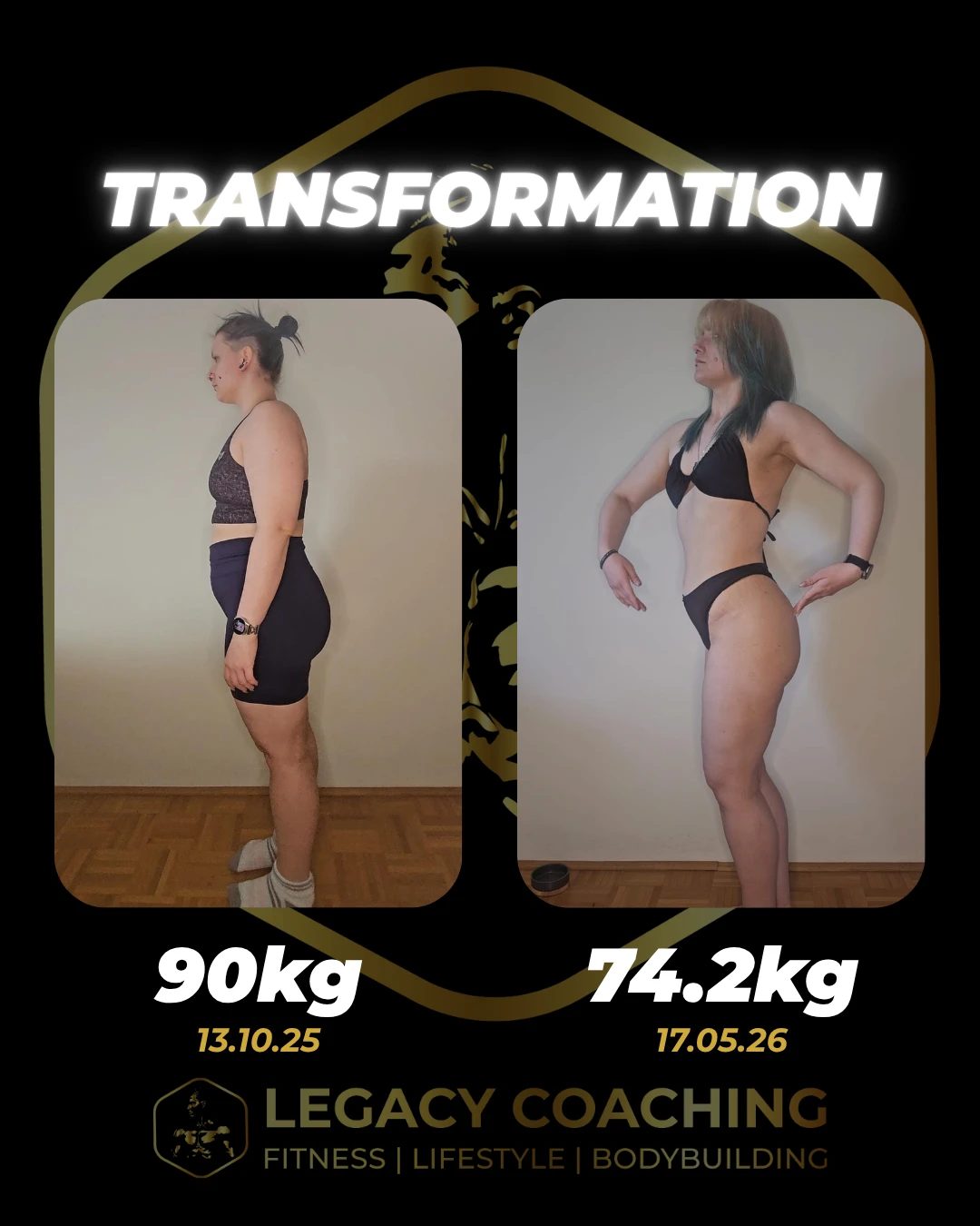 Vorher-Nachher einer Klientin: von 90 kg auf 74,2 kg (Okt. 2025 bis Mai 2026)