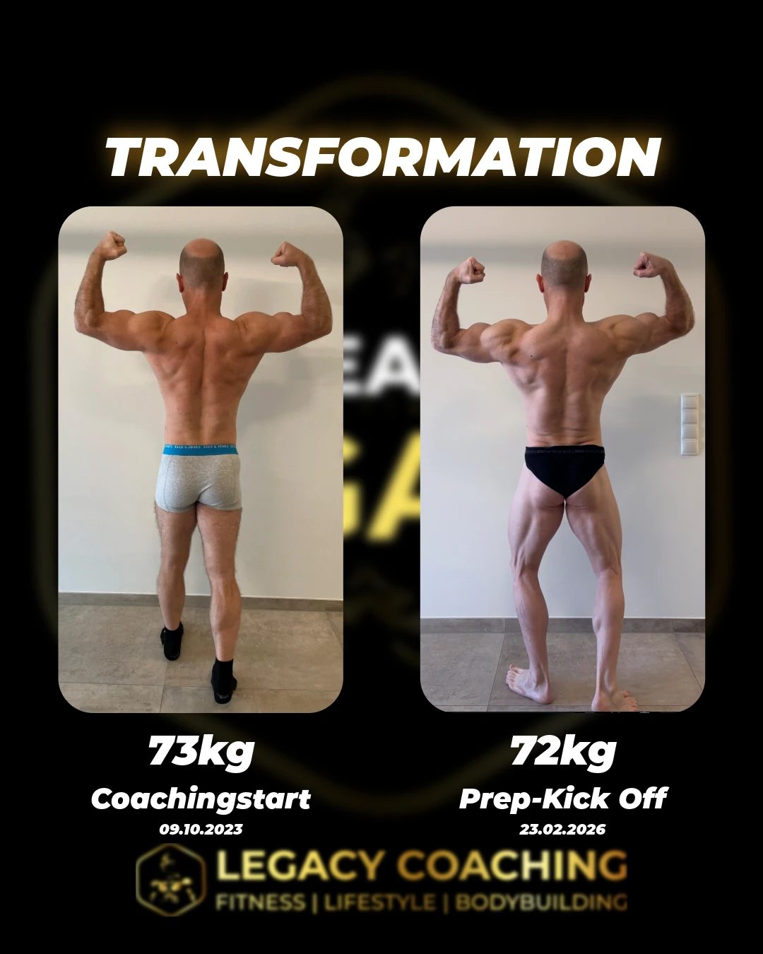 Vorher-Nachher Rückenpose: Body-Recomposition von 73 kg auf 72 kg, vom Coachingstart bis zur Wettkampf-Vorbereitung